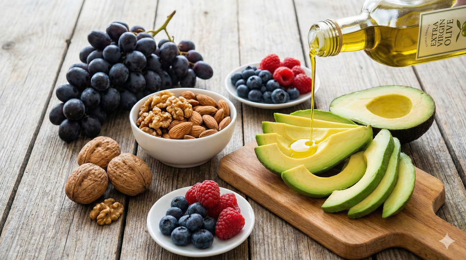 Seleção de alimentos saudáveis para longevidade com abacate, nozes, uvas e azeite de oliva sobre mesa de madeira - TeleMedi BRASIL