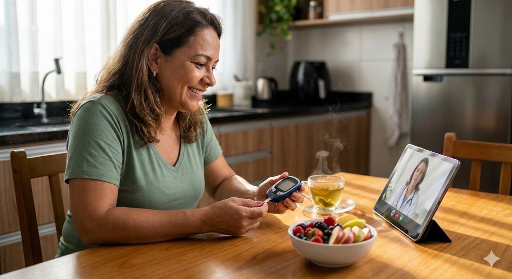 Mulher sorrindo enquanto monitora a glicemia com um glicosímetro em casa, durante uma consulta de telemedicina com uma médica no tablet. Sobre a mesa de madeira, há uma tigela com frutas vermelhas e uma xícara de chá, ilustrando o tratamento e controle do diabetes.