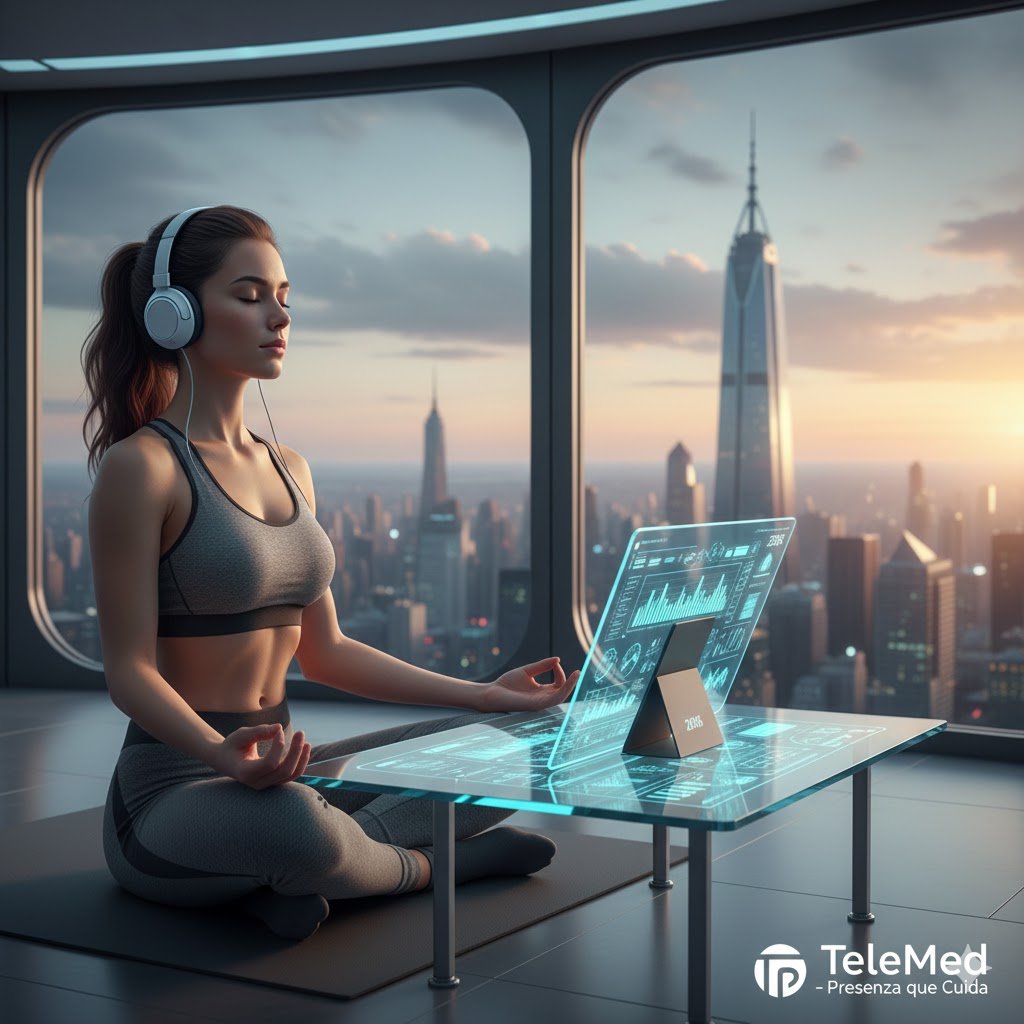 Pessoa relaxada em ambiente zen realizando consulta de terapia online via tablet, representando o equilíbrio interior e a telemedicina em 2026.